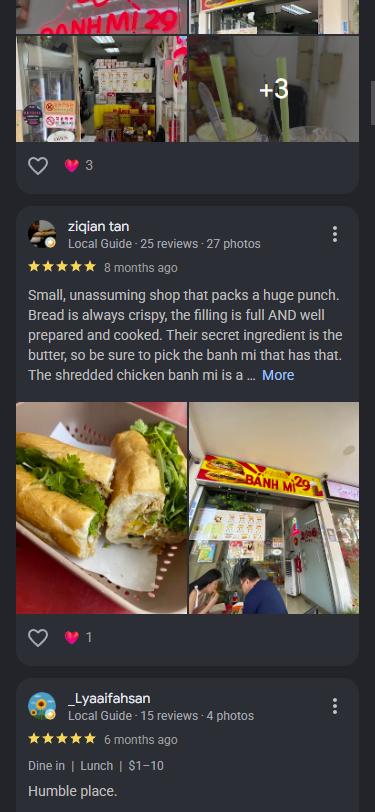 Google review 1 of 6 for Bánh Mì 29, five stars