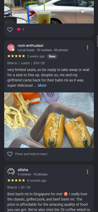 Google review 2 of 6 for Bánh Mì 29, five stars