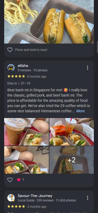 Google review 3 of 6 for Bánh Mì 29, five stars