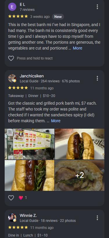 Google review 6 of 6 for Bánh Mì 29, five stars